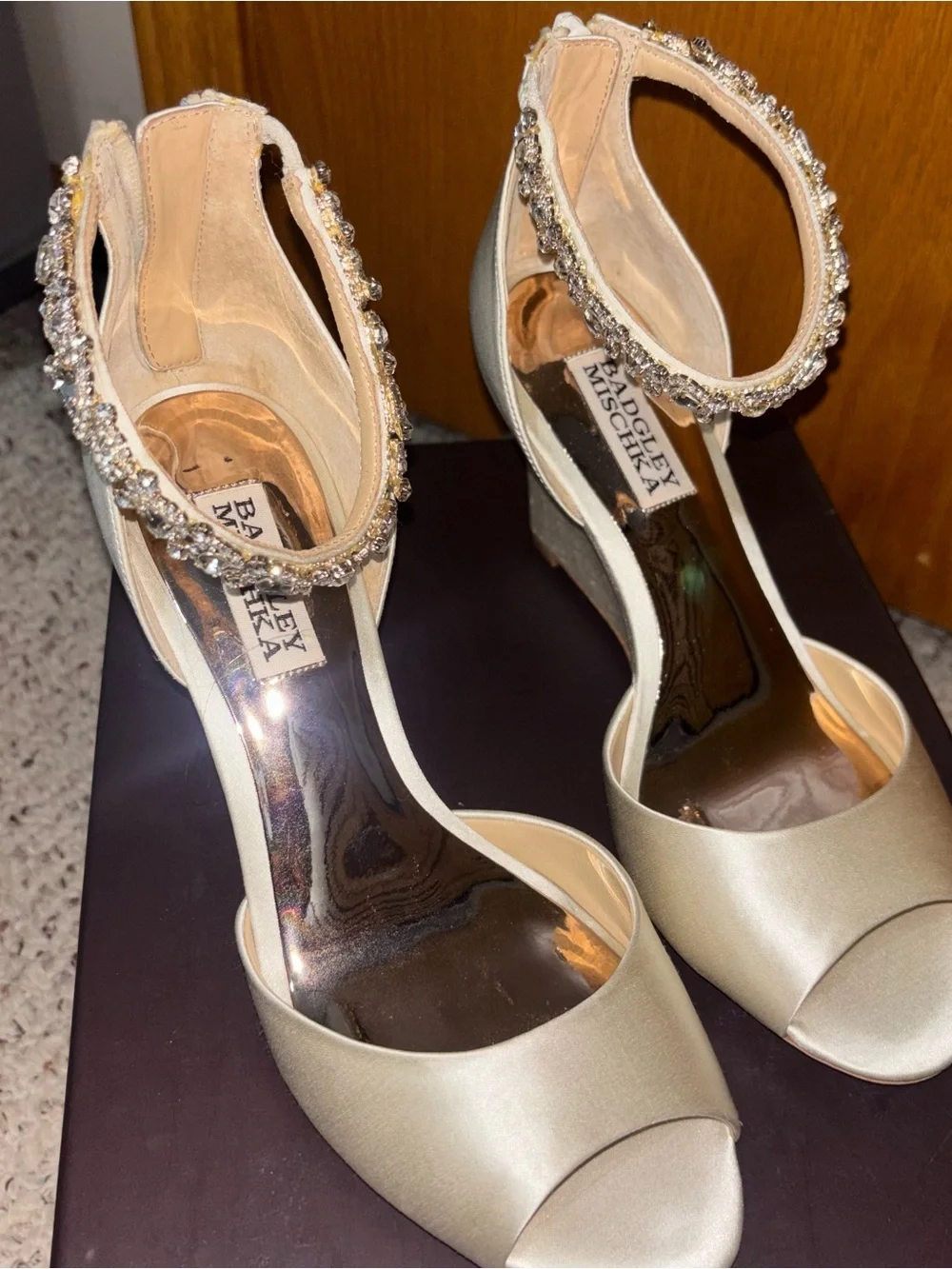 Badgley Mischka Champagne Satin Crystal Ankle-Strap Wedge Sandals